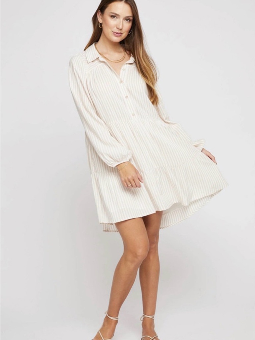 Gentle Fawn Striped Shirt Dress Womens Small Tan White Excellent Tiered Mini